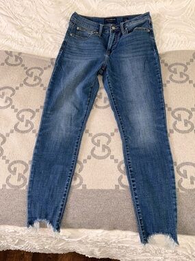 Lucky Brand High Rise Skinny Bridgette Dark Blue Ankle Crop Jeans with Raw Hem